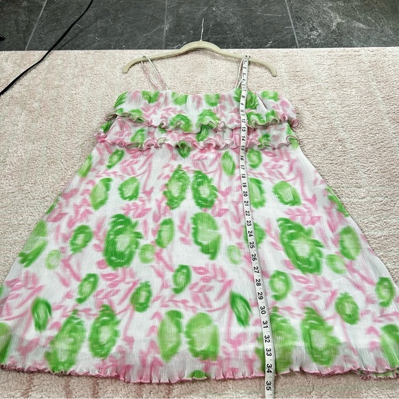 NWT Ganni Pleated Georgette Mini Dress Green Pink Floral Size 34/2 Wedding Guest - Picture 11 of 13